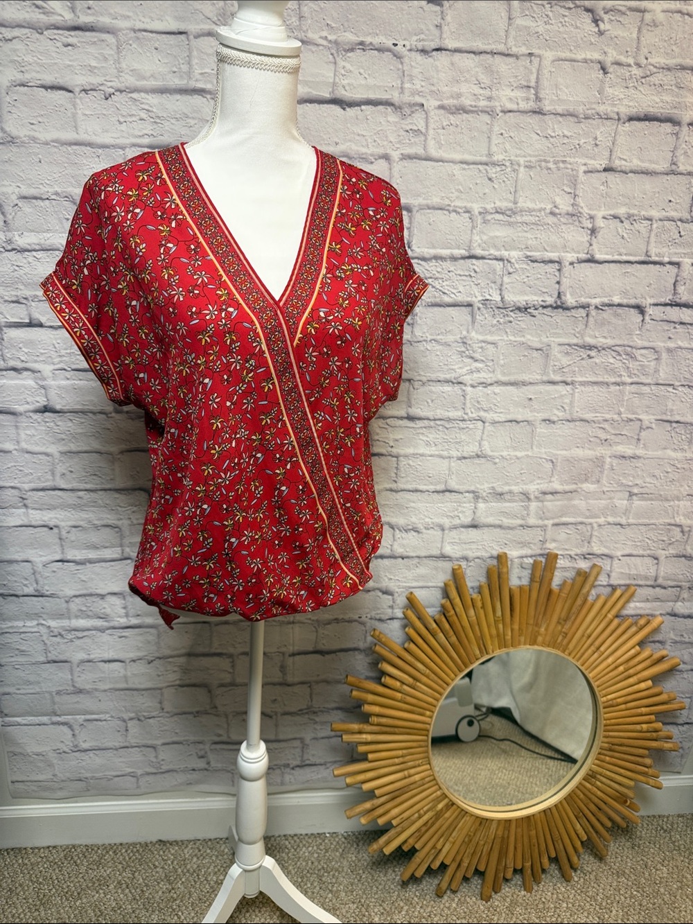 Max Studio Red Floral Faux-Wrap Dolman Blouse
